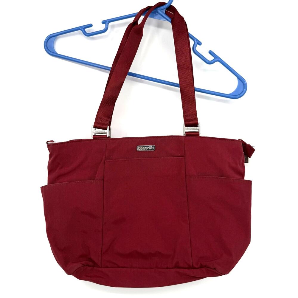 Baggallini Red Shoulder Tote‎ Bag Yellow Lined Multipocket Attached Coin Purse
